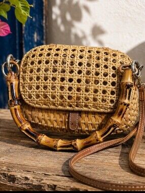 Serpui Woven Rattan Crossbody Bag with Bamboo Handle - Tan